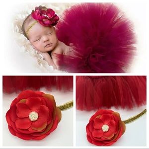 Newborn Baby Red Burgundy Tutu & Flower Headband